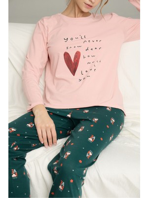 Siyah İnci Somon Desenli Örme Pamuklu Pijama TAKIM25240246