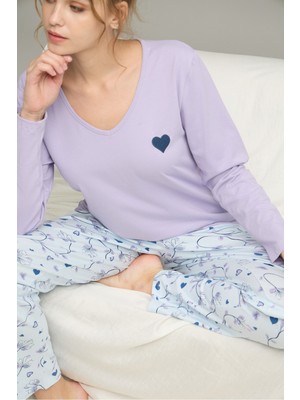 Siyah İnci Lila Desenli Örme Pamuklu Pijama TAKIM25240200