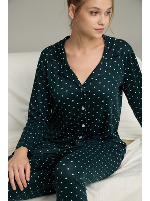 Siyah İnci Petrol Puan Desenli Gömlek Yaka Düğmeli Milan Örme Pijama TAKIM25224035
