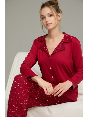 Siyah İnci Bordo Yıldız Desenli Gömlek Yaka Düğmeli Milan Örme Pijama TAKIM25224025