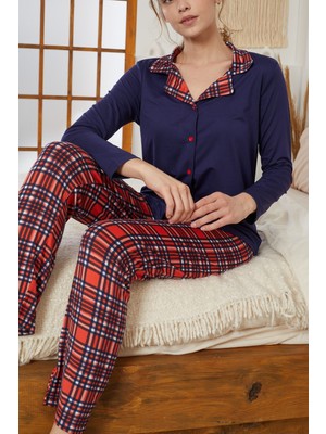 Siyah İnci Lacivert Ekose Desenli Gömlek Yaka Düğmeli Milan Örme Pijama TAKIM25224004