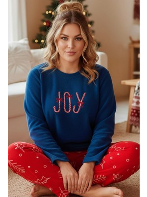 Siyah İnci Lacivert Kırmızı Desenli Nakışlı Büyük Beden Polar Kışlık Örme Pijama Takım