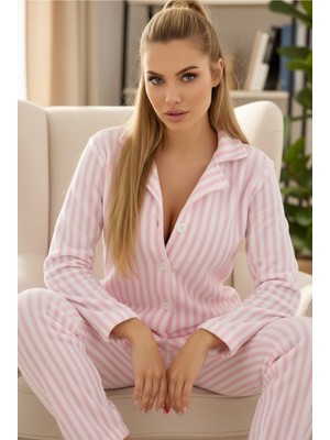 Siyah İnci Pembe Beyaz Çizgi Desenli Düğmeli Polar Kışlık Örme Pijama Takım