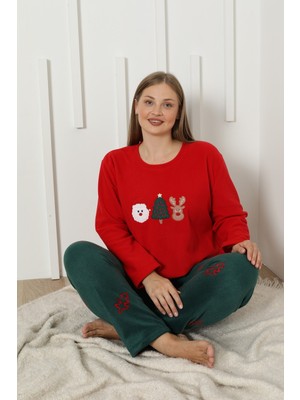 Siyah İnci Kırmızı Yılbaşı Temalı Nakışlı Ekoseli Büyük Beden Polar Kışlık Örme Pijama Takım