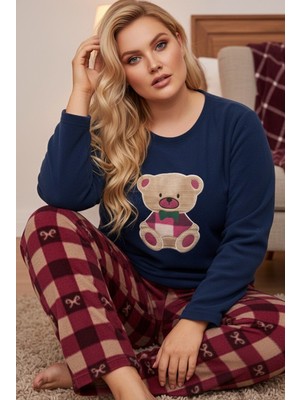 Siyah İnci Lacivert Ekose Desenli Nakışlı Büyük Beden Polar Kışlık Örme Pijama Takım