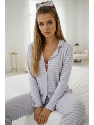 Siyah İnci Mavi Pembe Fırçalı Soft Fitilli Kaşkorse Hırka Pijama Takım