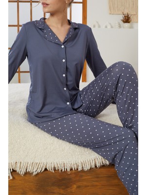 Siyah İnci Indigo Puan Desenli Gömlek Yaka Düğmeli Milan Örme Pijama TAKIM25224010
