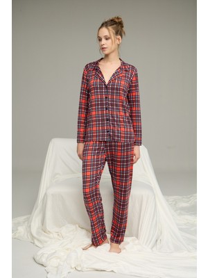 Siyah İnci Ekose Desenli Gömlek Yaka Düğmeli Milan Örme Pijama TAKIM25224021