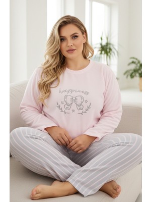 Siyah İnci Pembe Çizgili Nakışlı Büyük Beden Polar Kışlık Örme Pijama Takım