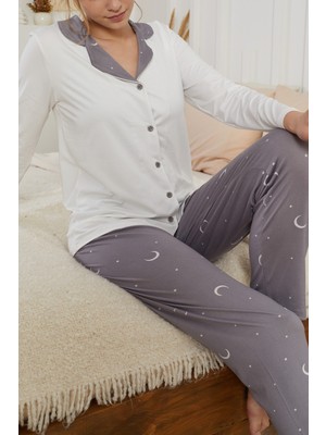 Siyah İnci Ekru Yıldız Desenli Gömlek Yaka Düğmeli Milan Örme Pijama TAKIM25224008