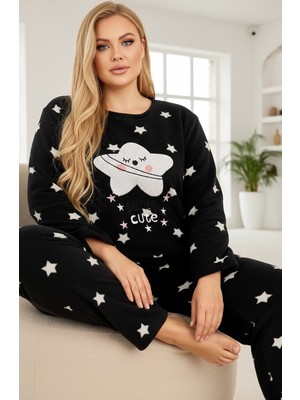 Siyah İnci Siyah Yıldız Desenli Nakışlı Büyük Beden Polar Kışlık Örme Pijama Takım