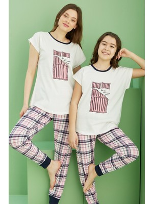Siyah İnci Ekru Desenli Pamuklu Bisiklet Yaka Örme Pijama TAKIM25117065