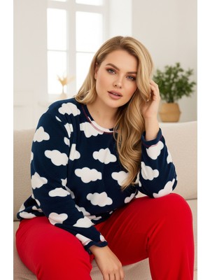 Siyah İnci Lacivert Bulut Desenli Büyük Beden Polar Kışlık Örme Pijama Takım