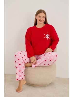 Siyah İnci Kırmızı Kalp Desenli Kar Tanesi Nakışlı Büyük Beden Polar Kışlık Örme Pijama Takım