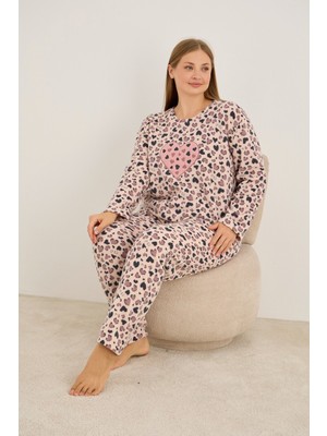 Siyah İnci Somon Kalp Desenli Nakışlı Büyük Beden Polar Kışlık Örme Pijama Takım