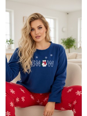 Siyah İnci Lacivert Desenli Kar Temalı Nakışlı Büyük Beden Polar Kışlık Örme Pijama Takım