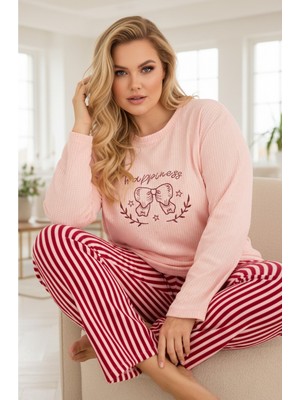 Siyah İnci Somon Çizgili Fiyonk Nakışlı Büyük Beden Polar Kışlık Waffle Örme Pijama Takım