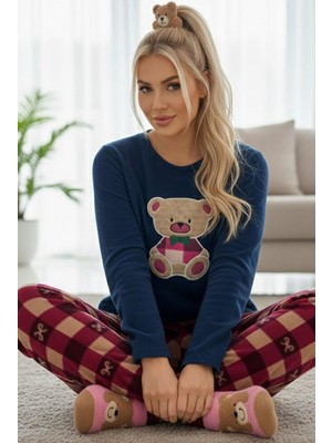 Siyah İnci Lacivert Pembe Ekose Desenli Nakışlı Polar Kışlık Örme Pijama Takım