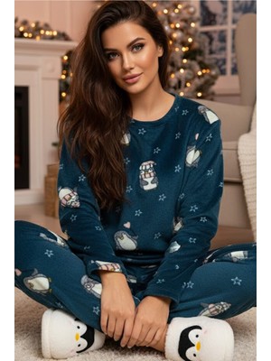 Siyah İnci Petrol Rengi Penguen Desenli Polar Kışlık Örme Pijama Takım
