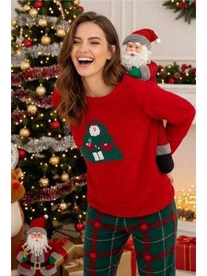 Siyah İnci Kırmızı Yılbaşı Temalı Nakışlı Ekoseli Polar Kışlık Örme Pijama Takım