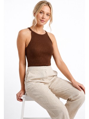 Nbb Kahverengi Halter Yaka Fitilli Seamless Body