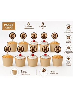 Bkmc Party Teddy Bear Cupcake Süsü Seti 8 Cupcake Kalıbı + 8 Ayıcık Kürdan | Baby Shower 1 Yaş Doğum Günü Parti Malzemeleri