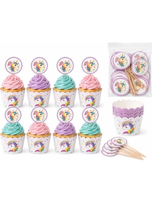 Bkmc Unicorn Cupcake Süsü 8'li Set | 8 Cupcake Kalıbı + 8 Unicorn Kürdan | Doğum Günü Parti Malzemeleri | Baby Shower | Diş Buğdayı