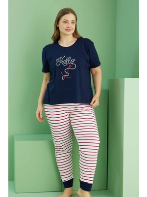 Siyah İnci Lacivert Desenli Curve Büyük Beden Battal Boy Pamuklu Pijama TAKIM25113815