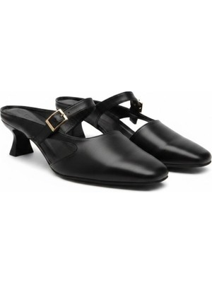 Ne&Ve Shoes Siyah Deri Tokalı Kadın Kare Burunlu Arkası Açık Topuklu Ayakkabı