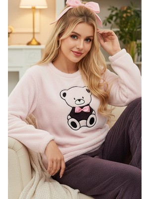 Siyah İnci Pembe Mor Nakışlı Wellsoft Kışlık Örme Pijama Takım
