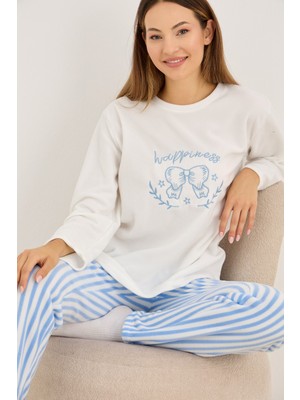 Siyah İnci Beyaz Mavi Çizgili Fiyonk Nakışlı Polar Kışlık Örme Pijama Takım
