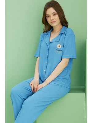 Siyah İnci Mavi Bürümcük Krınkıl Kumaş Örme Düğmeli Pijama TAKIM25118566