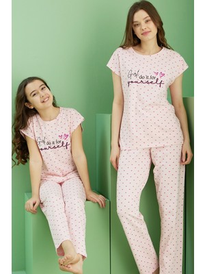 Siyah İnci Pembe Desenli Pamuklu Bisiklet Yaka Örme Pijama TAKIM25117081