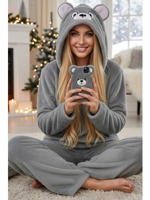 Siyah İnci Gri Kapişonlu Nakışlı Wellsoft Kışlık Örme Pijama Takım
