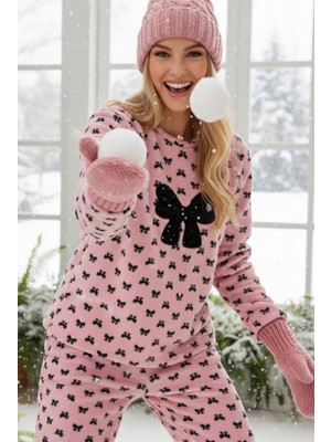 Siyah İnci Pembe Fiyonk Desenli Nakışlı Polar Kışlık Örme Pijama Takım