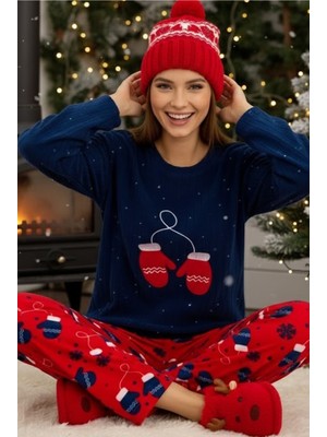 Siyah İnci Lacivert Kış Temalı Baskılı Eldiven Nakışlı Fitilli Polar Kışlık Örme Pijama Takım