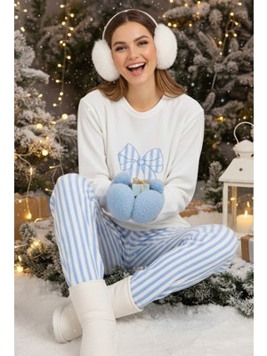 Siyah İnci Beyaz Mavi Çizgili Fiyonk Nakışlı Polar Kışlık Örme Pijama Takım