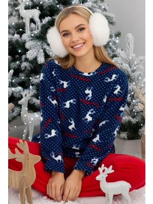 Siyah İnci Lacivert Geyik Desenli Kış Temalı Polar Kışlık Örme Pijama Takım