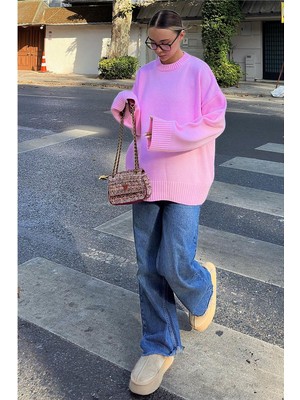 Swist Pembe Biscuit Bisiklet Yaka Oversize Kadın Triko Kazak