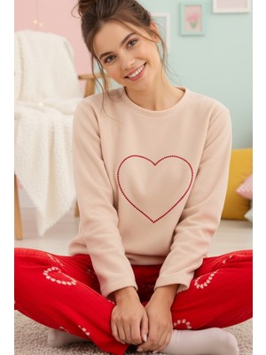 Siyah İnci Somon Kalp Nakışlı Desenli Fitilli Polar Kışlık Örme Pijama Takım