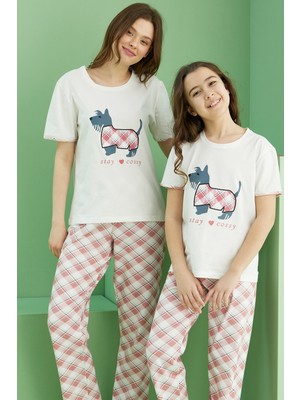 Siyah İnci Ekru Desenli Pamuklu Bisiklet Yaka Örme Pijama TAKIM25117086