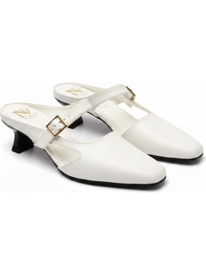 Ne&Ve Shoes Beyaz Deri Tokalı Kadın Kare Burunlu Arkası Açık Topuklu Ayakkabı
