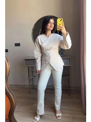 Büşra Ayhan Premium Coton Kumaş Anvelop Gömlek Ekru - S