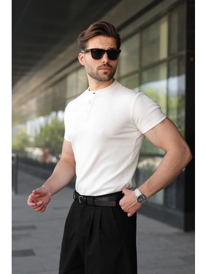 Madmext Ekru Slim Fit Hakim Yaka Triko Erkek Tişört E7189