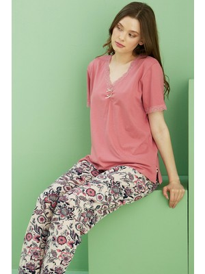 Siyah İnci Somon Desenli V Yaka Örme Pamuklu Pijama TAKIM25113236