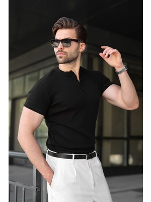 Madmext Siyah Slim Fit Hakim Yaka Triko Erkek Tişört E7189