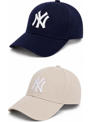Gülümser Shop 2'li Unisex Ny New York Nakış Detaylı Ayarlanabilir Baseball Şapka - Lacivert & Krem