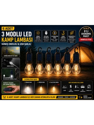 Kesene 6 Adet Güneş Enerjili USB Şarjlı 3 Modlu LED Asma Kancalı Taşınabilir Kamp Feneri Aydınlatma Lambası