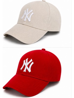 Gülümser Shop 2'li Unisex Ny New York Nakış Detaylı Ayarlanabilir Baseball Şapka - Krem & Kırmızı