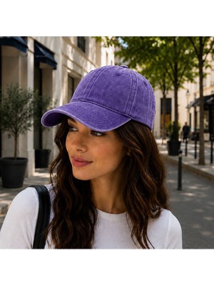 Gülümser Shop Unisex Yıkamalı Vintage Baseball Şapka – Ayarlanabilir Tokalı Mor Renk Günlük Spor Şapka
